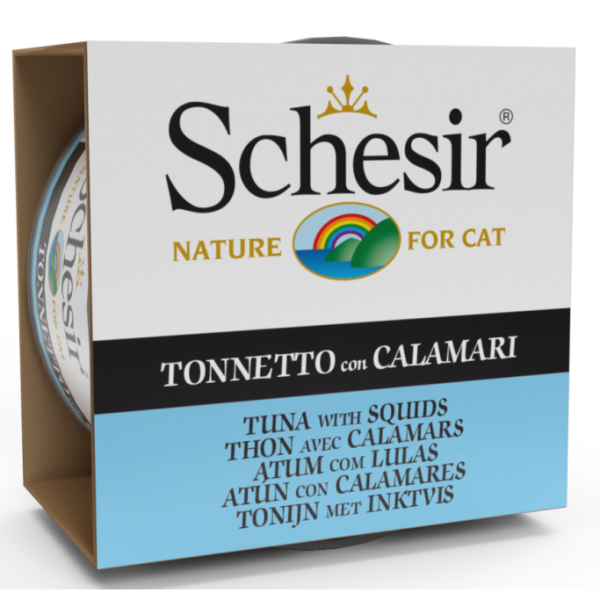 Schesir Cat Wet Food Tuna with Squids 85g pouch. Protein-rich, natural recipe for cats with omega-3 and omega-6 for healthy skin and coat.