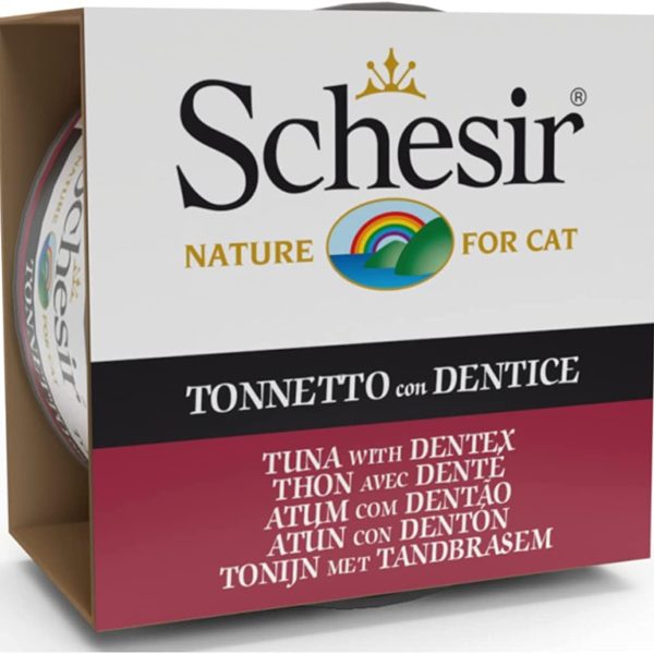 Schesir Cat Wet Food Tuna with Dentex 85g pouch, natural wet food with high protein and omega fatty acids for cats.