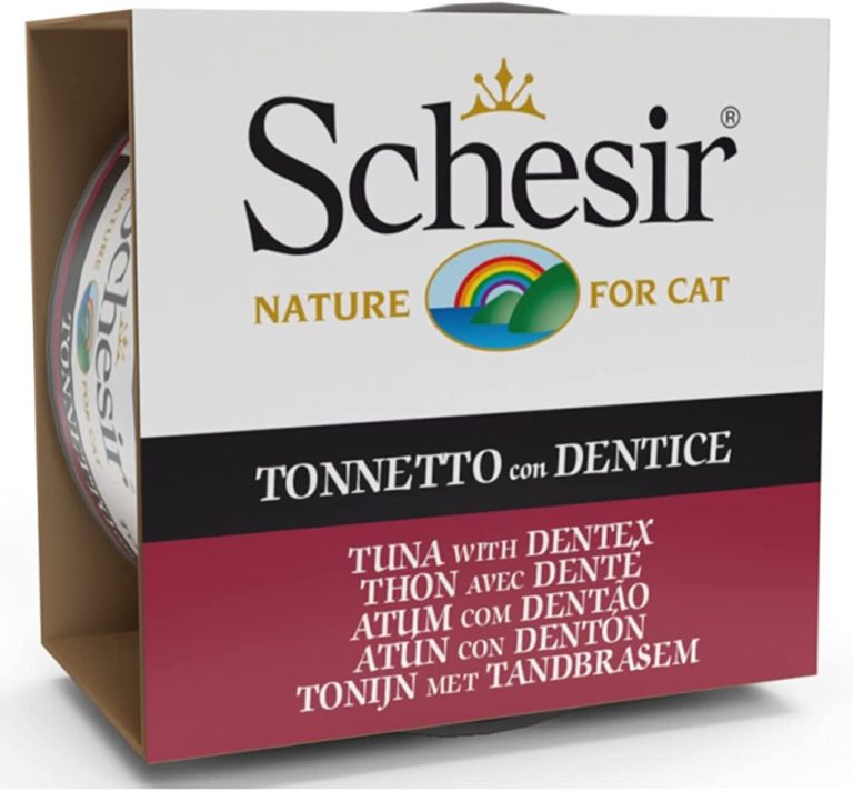 Schesir Cat Wet Food Tuna with Dentex 85g pouch, natural wet food with high protein and omega fatty acids for cats.