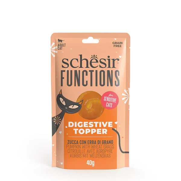 Schesir Functions Cat Pouch Digestive Topper Pumpkin With Wheat Grass 40g natural fiber support for cat digestion.