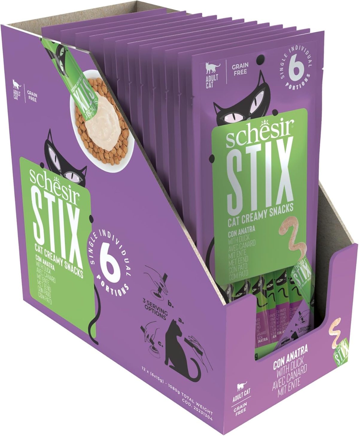 Schesir Stix Treats for Cats in Duck Cream, 6x15g sachets – natural, creamy duck-flavored cat snacks.