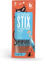 Schesir Stix Cat Treats Salmon Cream 6x15g – creamy natural salmon treats in convenient sachets for cats.