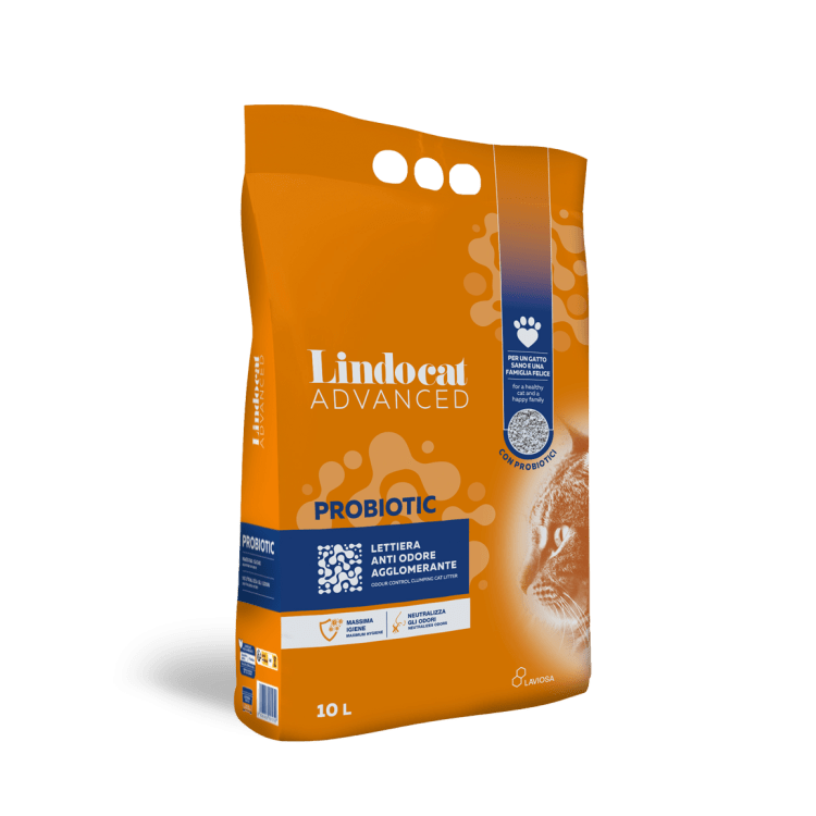 Lindocat Advanced Probiotic Cat Litter 10L white bentonite packaging with natural ingredients