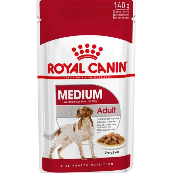 Royal Canin Medium Adult Wet Dog Food Pouch 140g – Tasty wet food for medium adult dogs, supporting immunity, digestion, skin, and coat health.