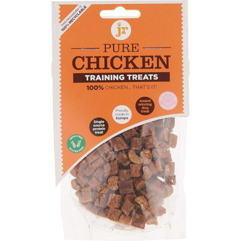 Pure Chicken Training Treats 85g, air-dried natural chicken dog treats in a resealable bag.