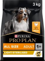 Bag of Pro Plan Light Sterilised Optiweight Chicken Dog Food 3kg