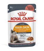 Royal Canin Hair & Skin in Jelly supports coat shine and skin health with omega-3, proteins, and moisture. Perfect for adult cats, 85g pouch.
