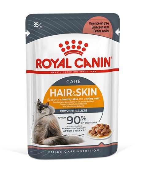 Royal Canin Hair & Skin in Jelly supports coat shine and skin health with omega-3, proteins, and moisture. Perfect for adult cats, 85g pouch.