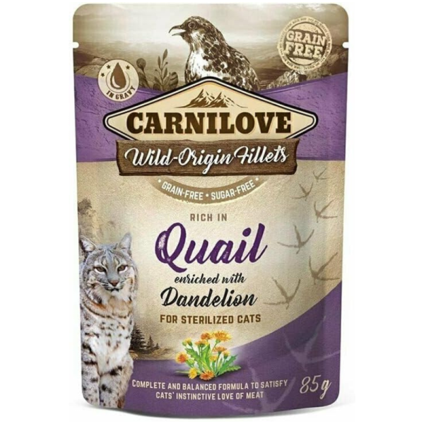 Carnilove Wild Origin Wet Food Fillets with Quail & Dandelion in Gravy for Sterilized Cats