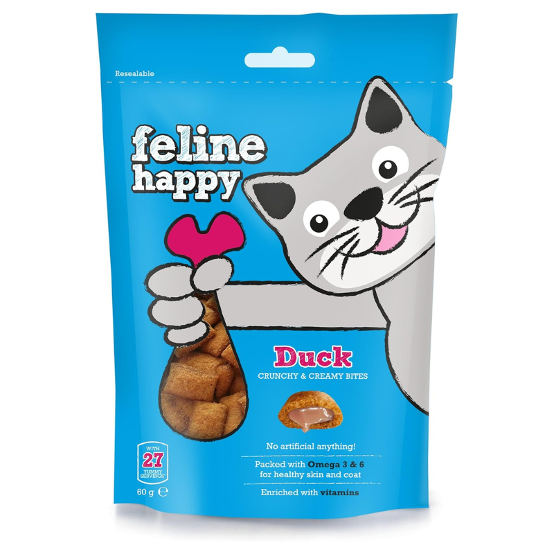 Feline Happy Crunchy & Creamy Bites Cat Treats with Duck – 60g