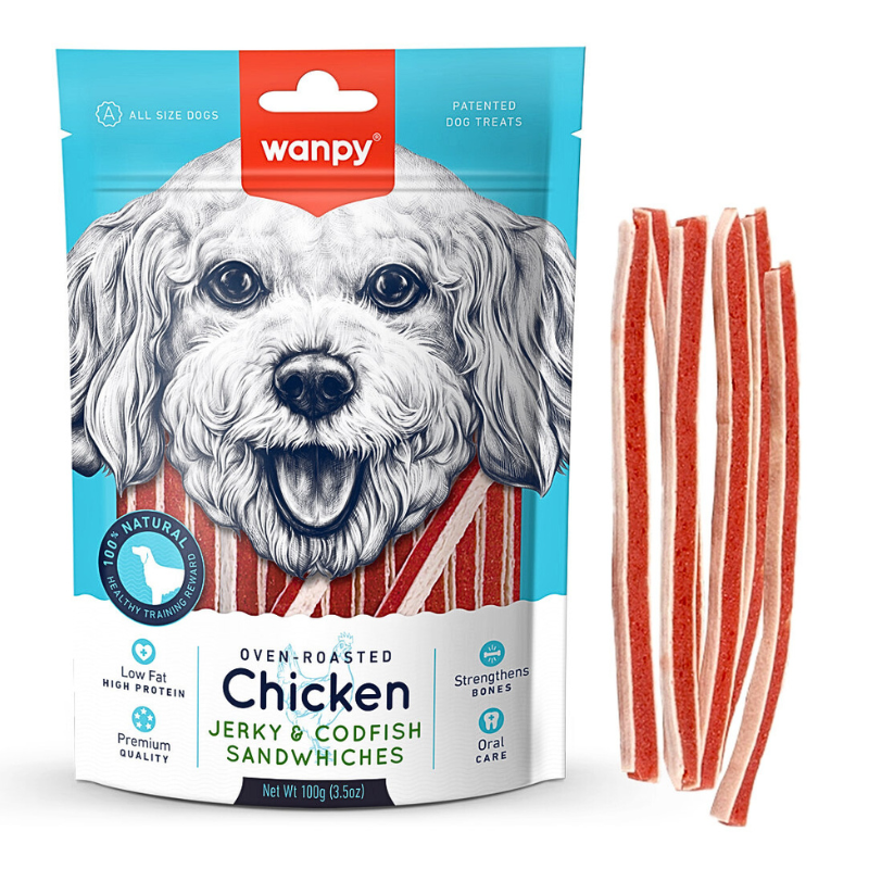 Untitled design - 2025-07-27T160407.398 Wanpy Chicken Jerky and Codfish Sandwiches Dog Treats – 100g