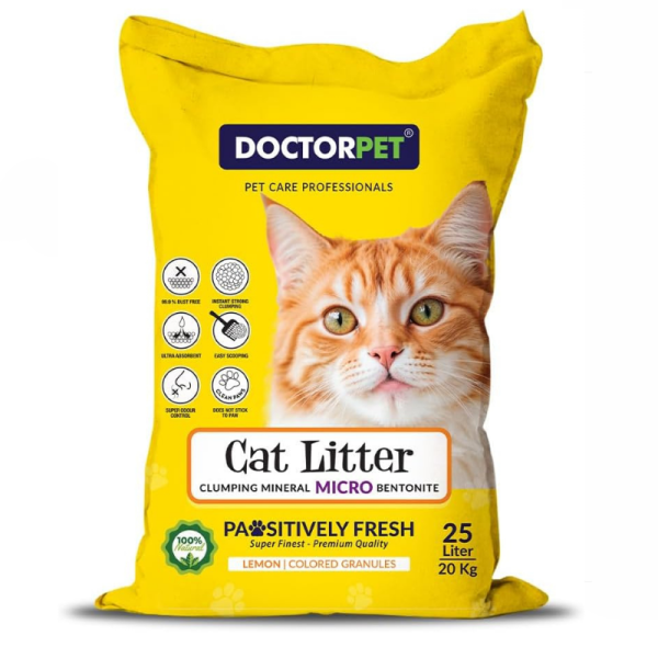 Doctor Pet Cat Litter Lemon 25L – 100% Natural Clumping Bentonite, Ultra Absorbent, Dust-Free