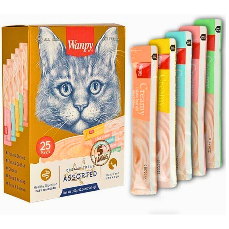 Untitled design - 2025-08-04T214006.188 Wanpy Creamy Lickable Cat Treats Assorted – 8 Flavors (14g x 25pc)
