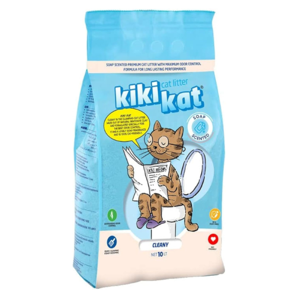 KIKI KAT White Bentonite Clumping Cat Litter 10L Cleany Soap scented for effective odor control and easy scooping.
