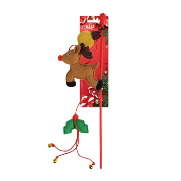All for Paws Happy Holidays Multicolored Reindeer Shaped Wand Cat Teaser Toy with Bells