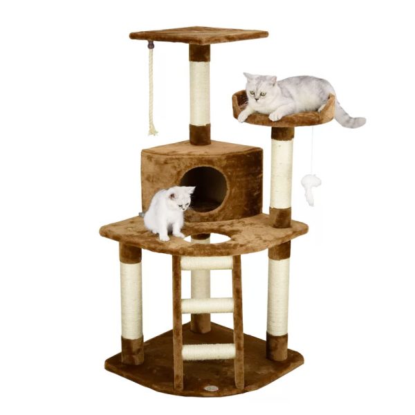 Go Pet Club Brown & Beige Cat Tree Scratcher with Play House & Hanging Toys (81x64x121cm)